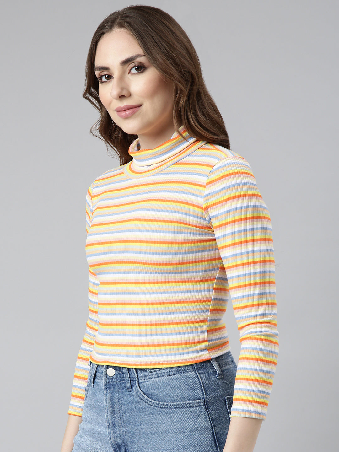 Women Orange Horizontal Stripes Fitted Crop Top