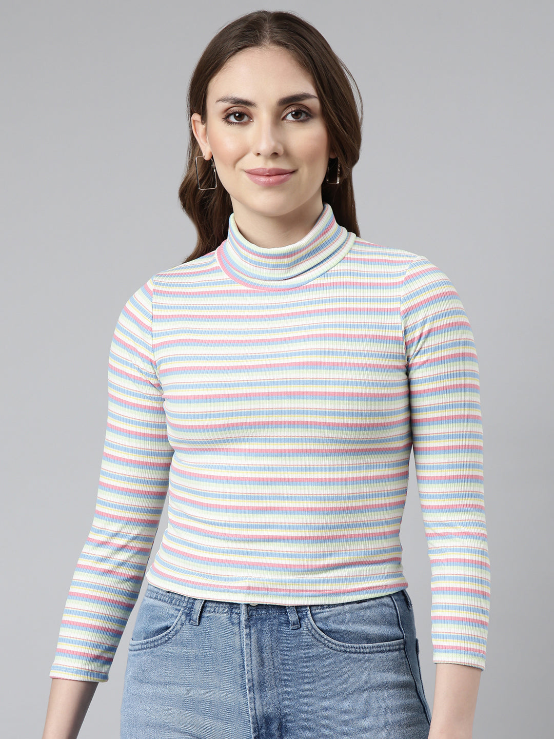 Women Sea Green Horizontal Stripes Fitted Crop Top