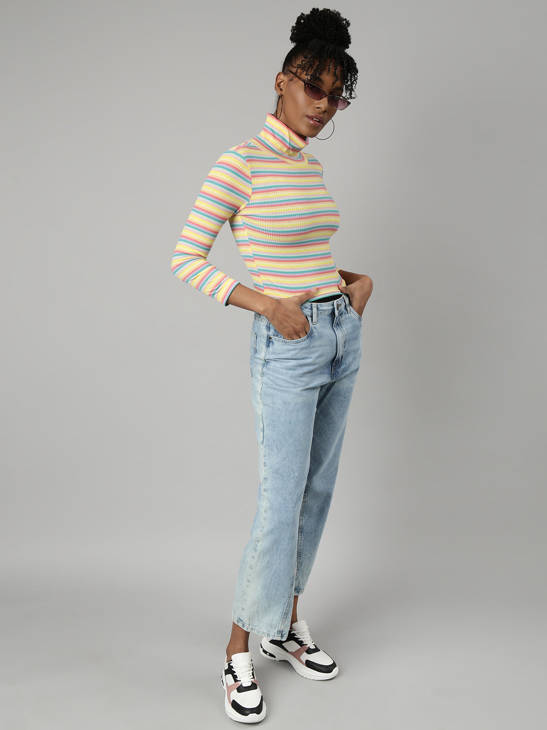 Women Yellow Horizontal Stripes Fitted Crop Top
