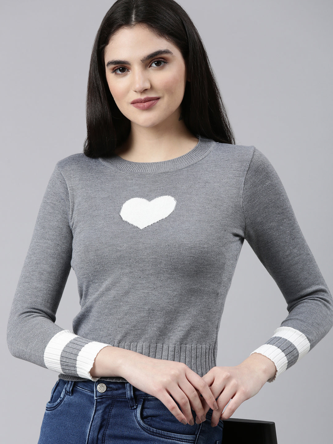 Round Neck Colourblocked Grey Fitted Regular Top