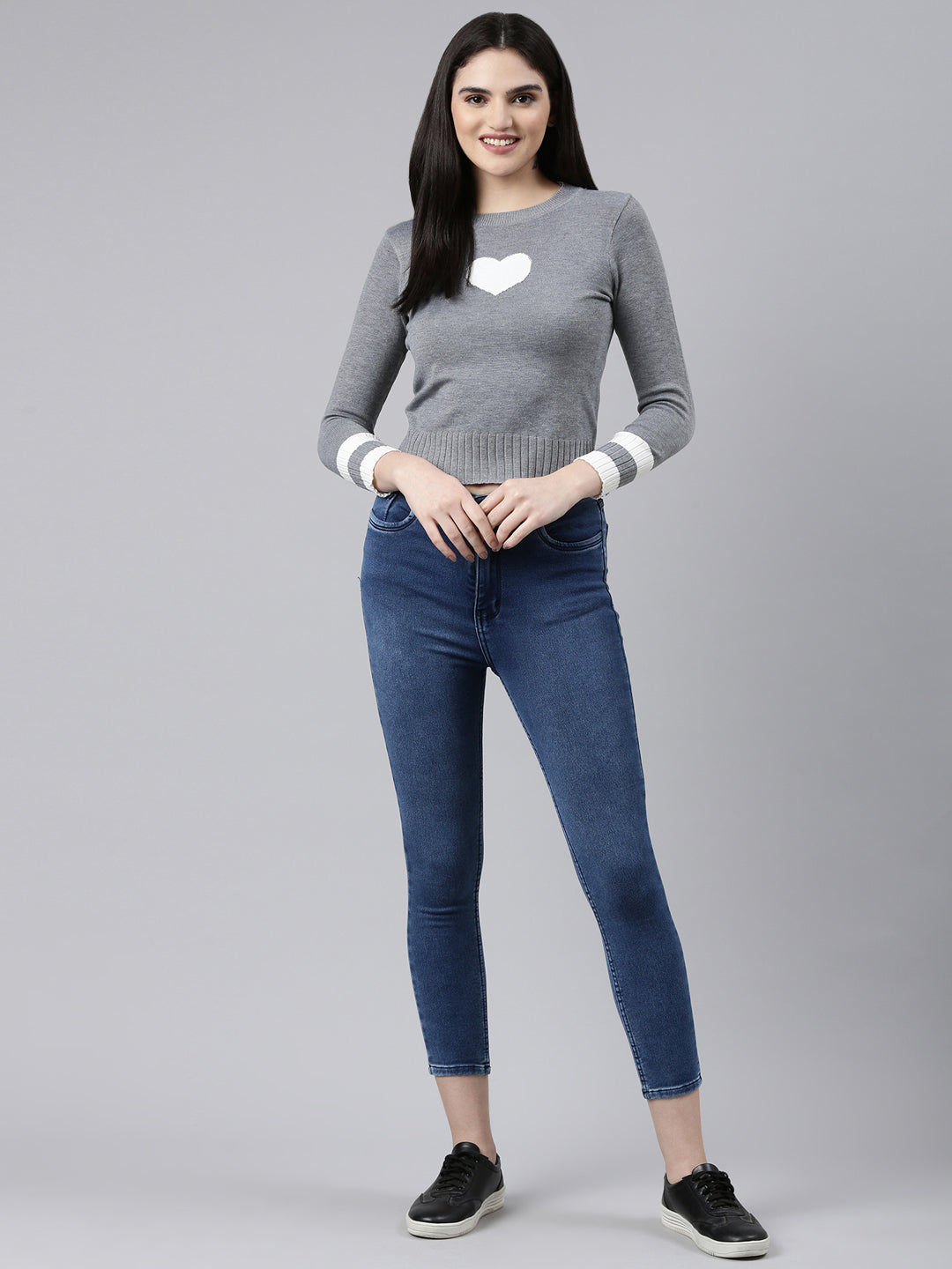 Round Neck Colourblocked Grey Fitted Regular Top
