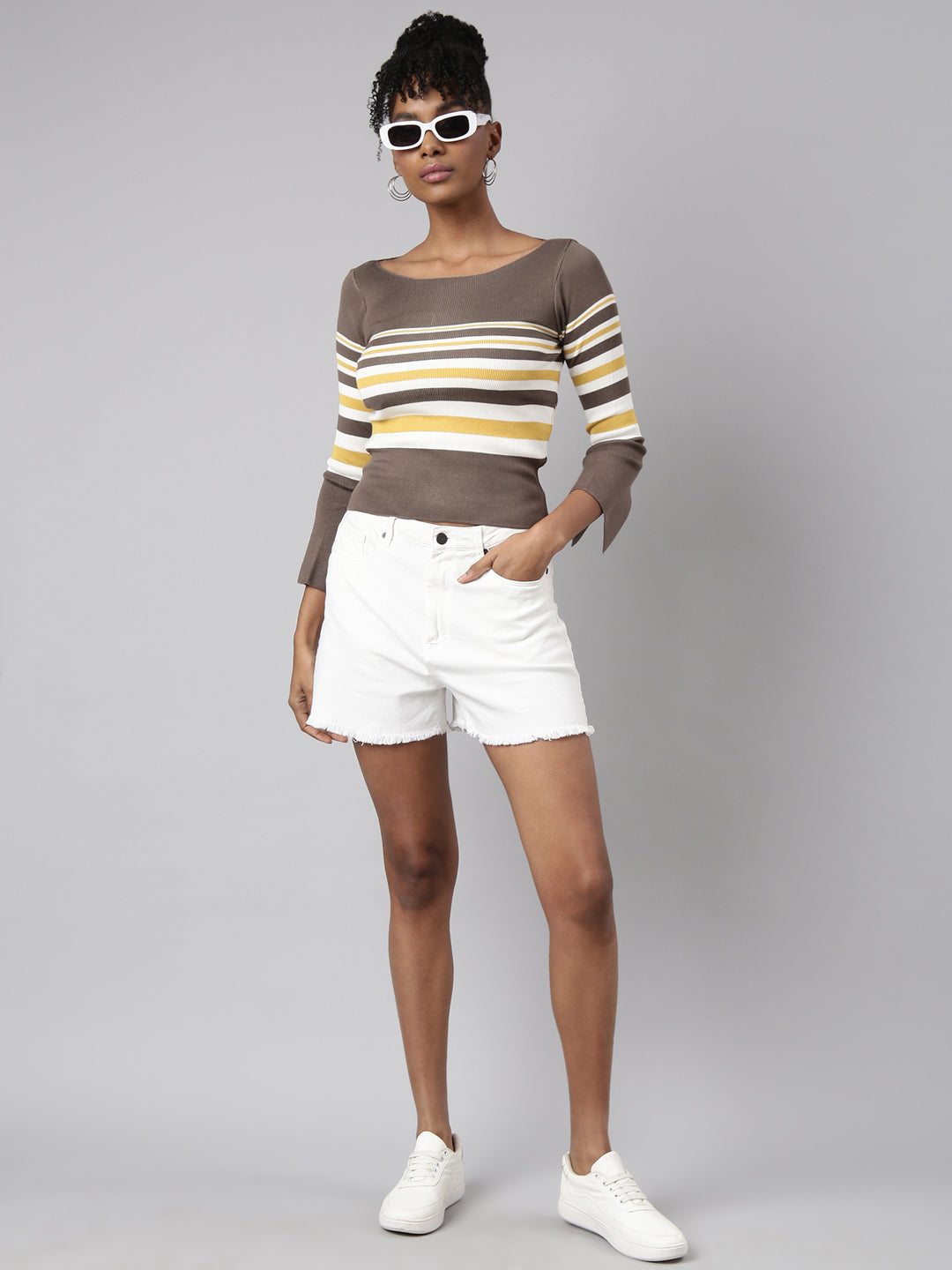 Women Olive Horizontal Stripes Fitted Top