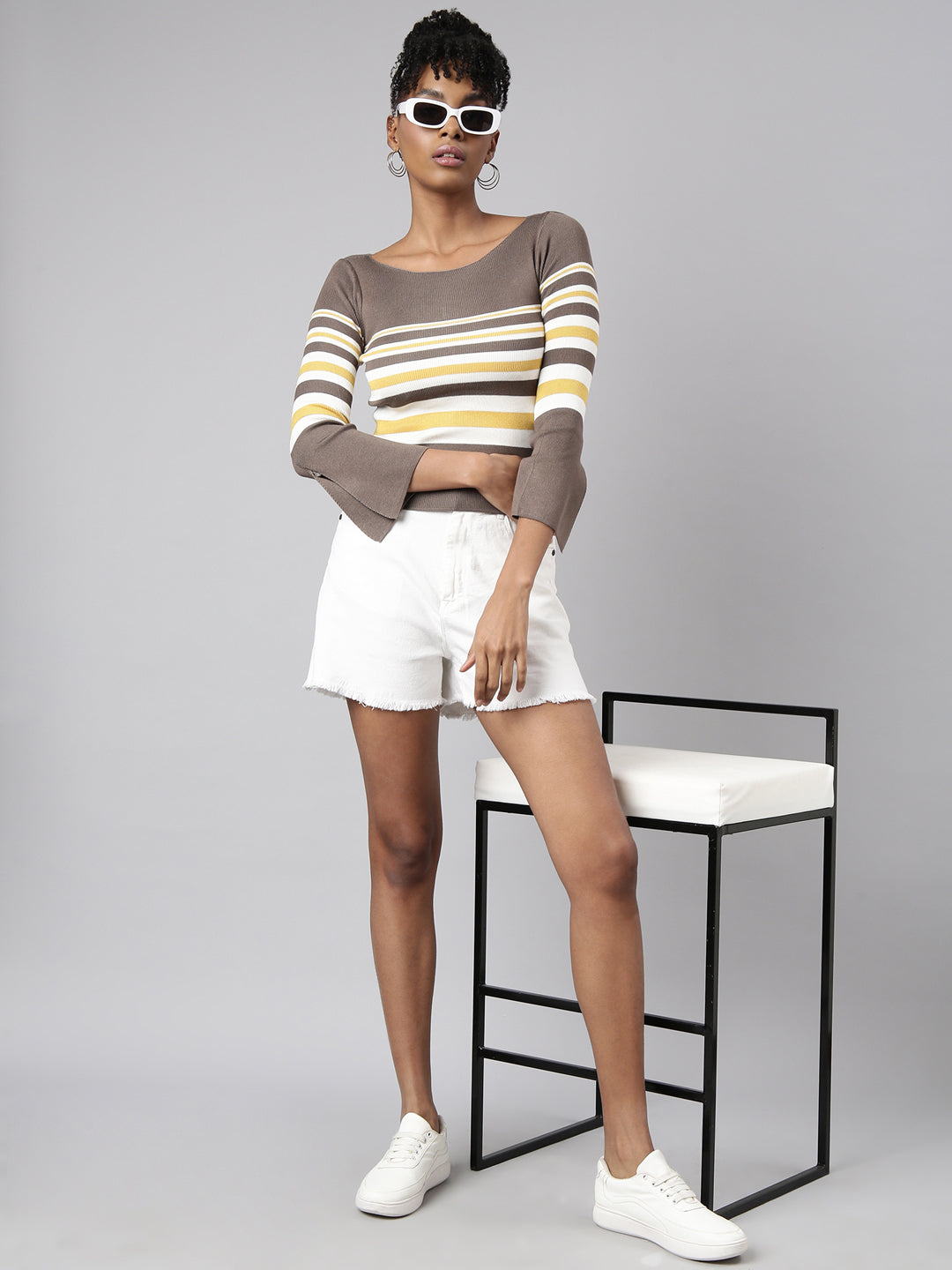 Women Olive Horizontal Stripes Fitted Top