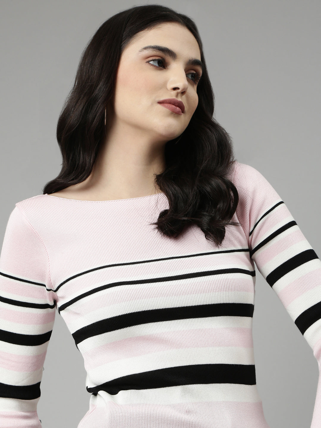 Boat Neck Striped Bell Sleeves Fitted Pink Top