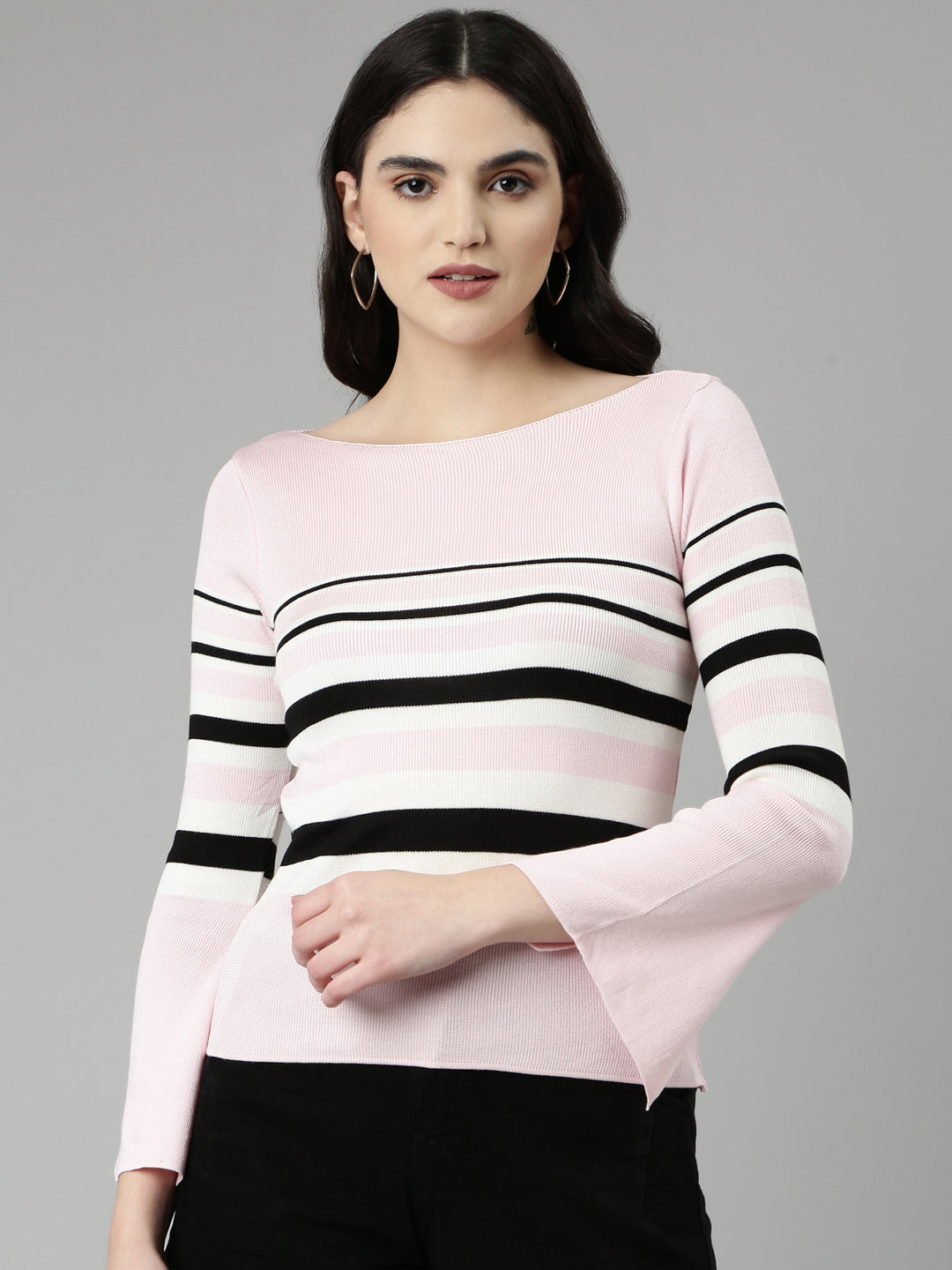 Boat Neck Striped Bell Sleeves Fitted Pink Top