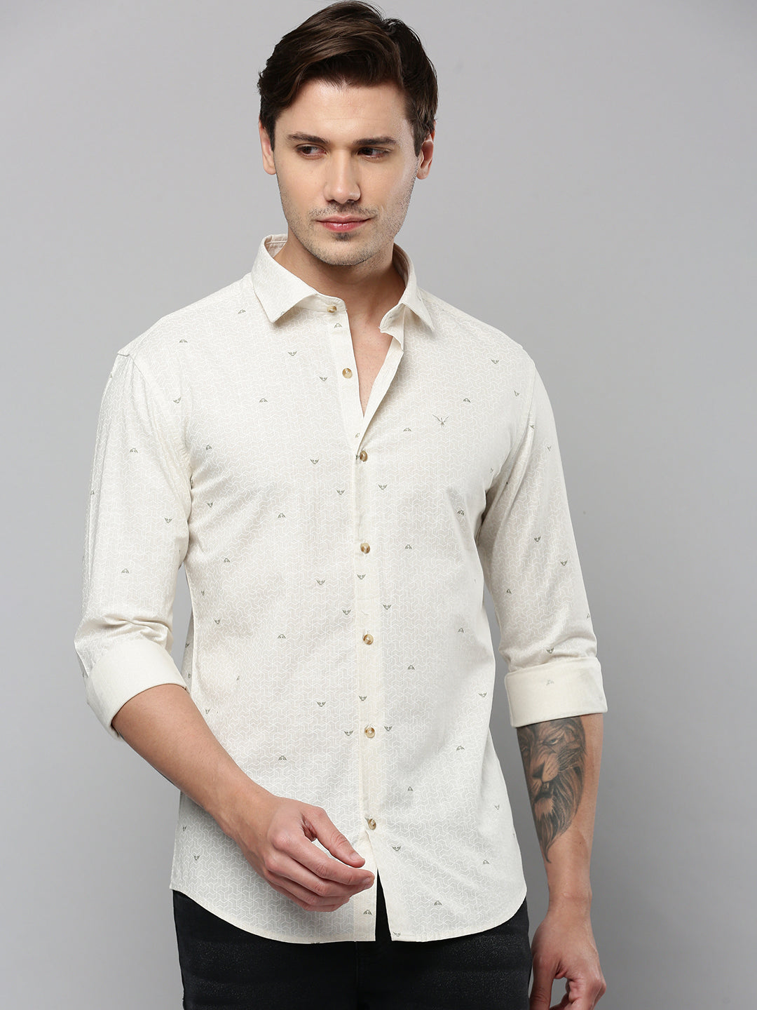 Men Cream Printed Casual Shirt