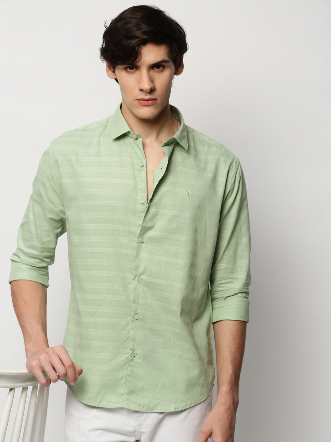 Men Green Striped Casual Casual Shirts
