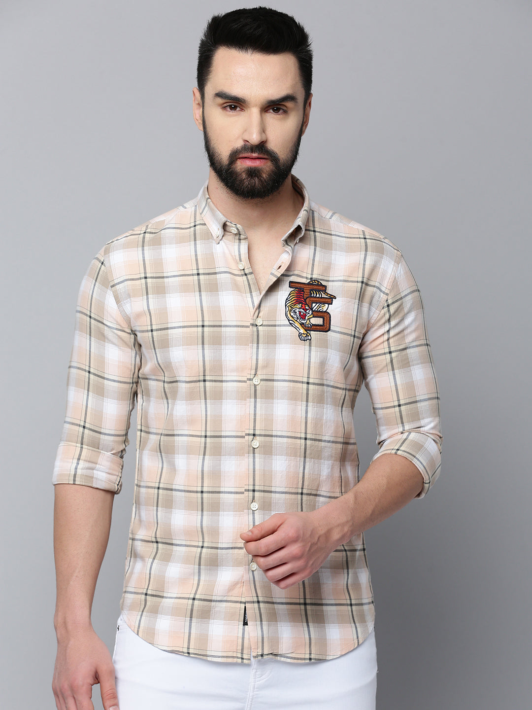 Men Beige Checked Casual Shirt
