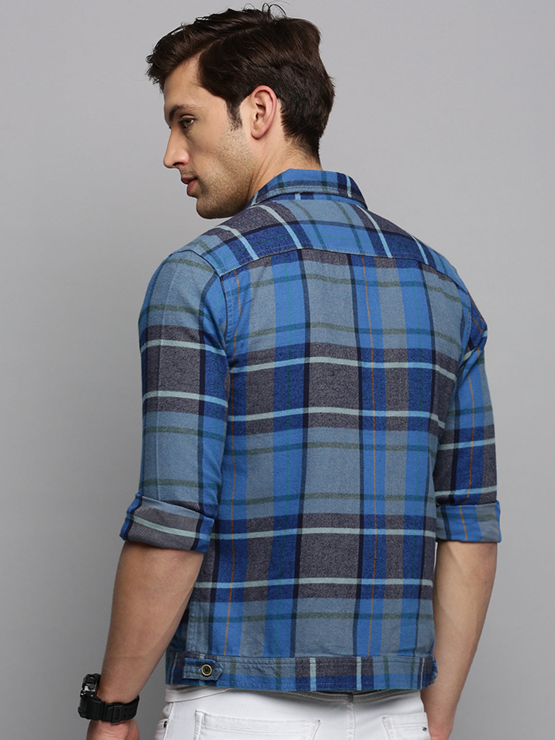 Men Blue Checked Casual Jacket