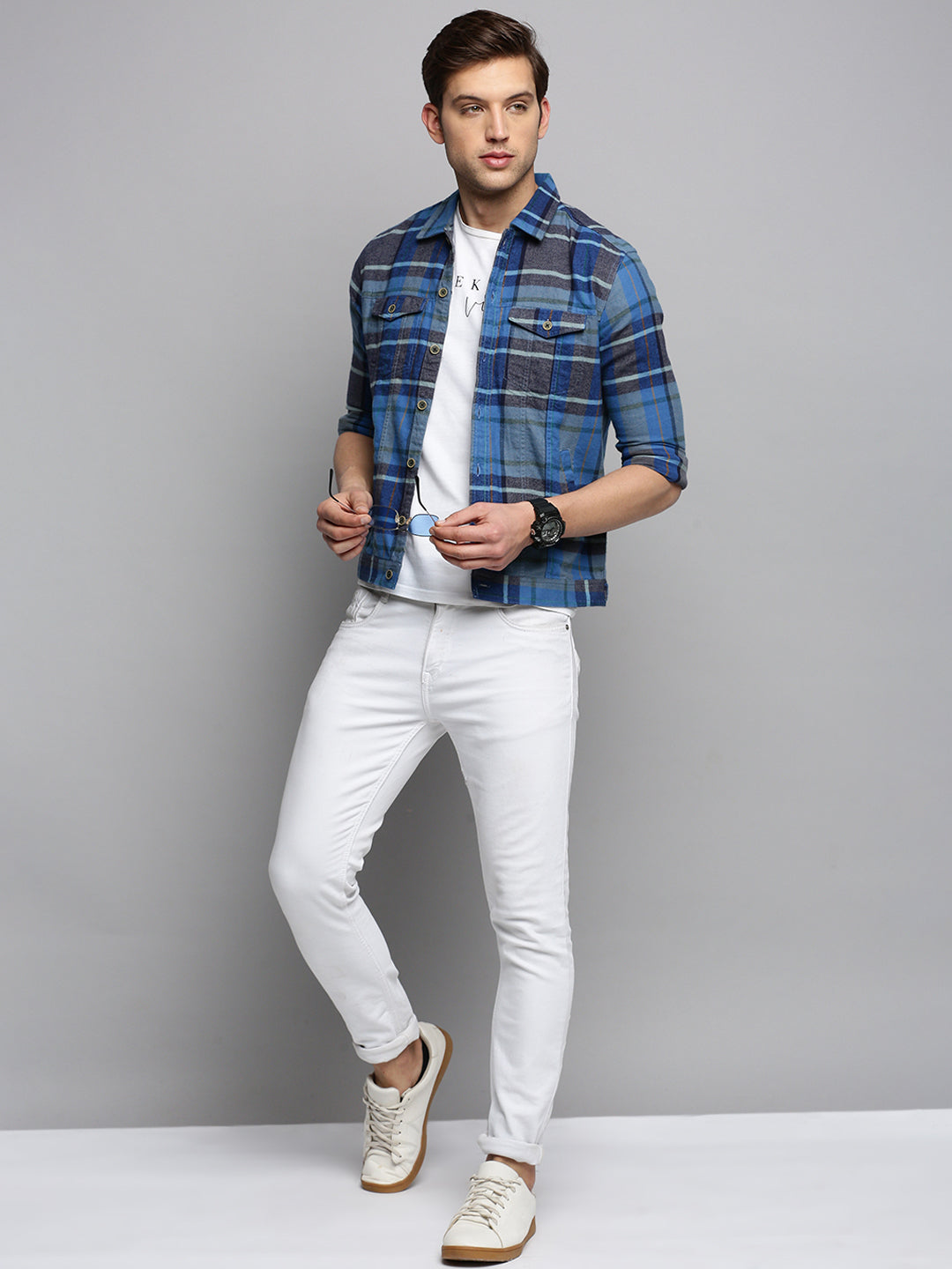 Men Blue Checked Casual Jacket