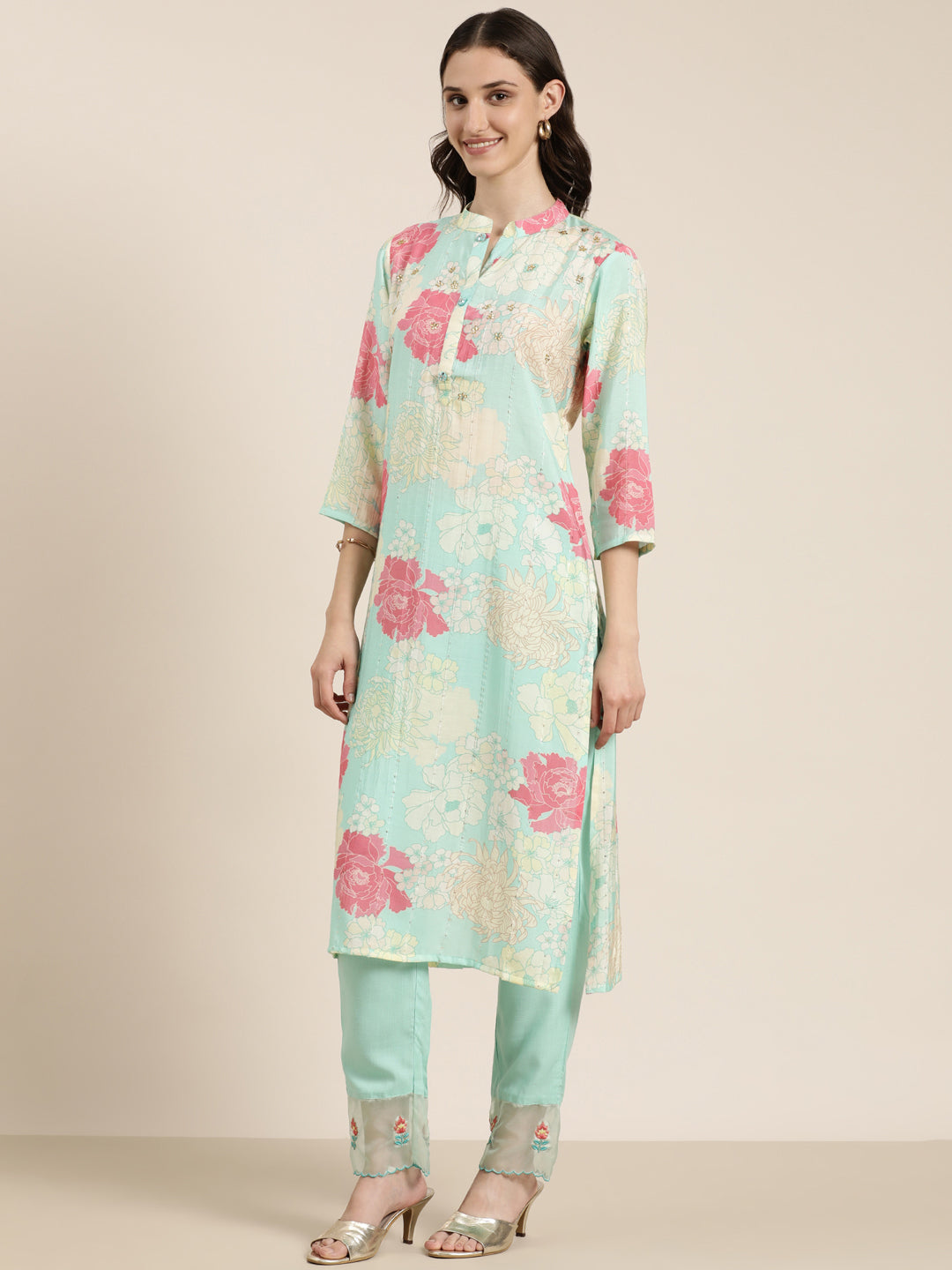 Women Sea Green Floral Kurta Set