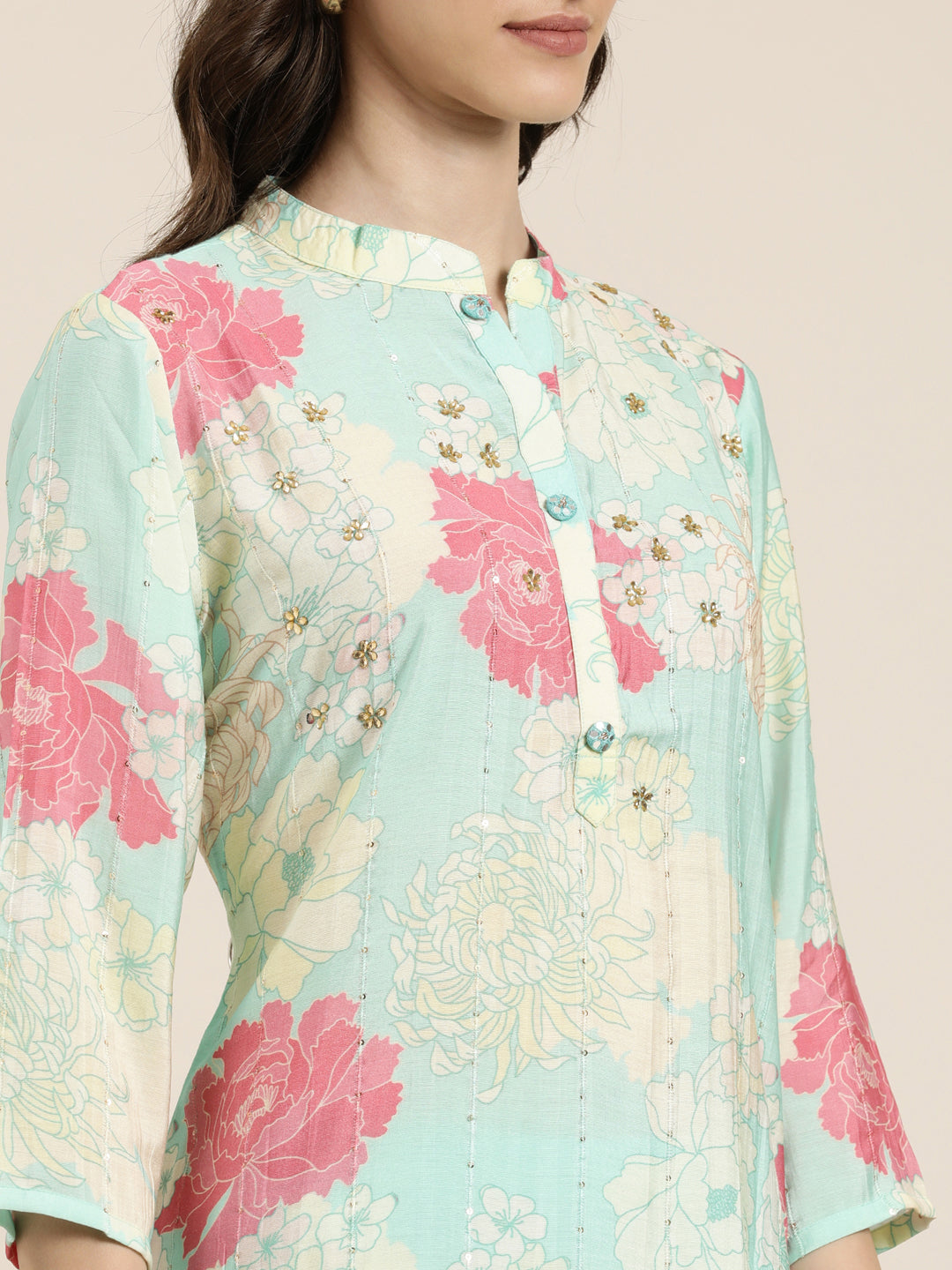 Women Sea Green Floral Kurta Set