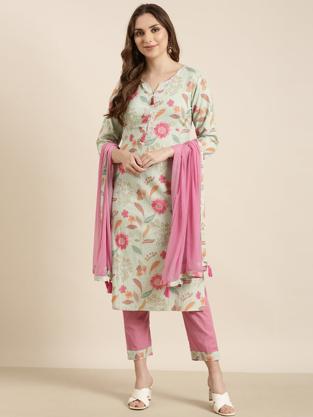 Women Straight Sea Green Floral Kurta and Trousers Set Comes With Dupatta