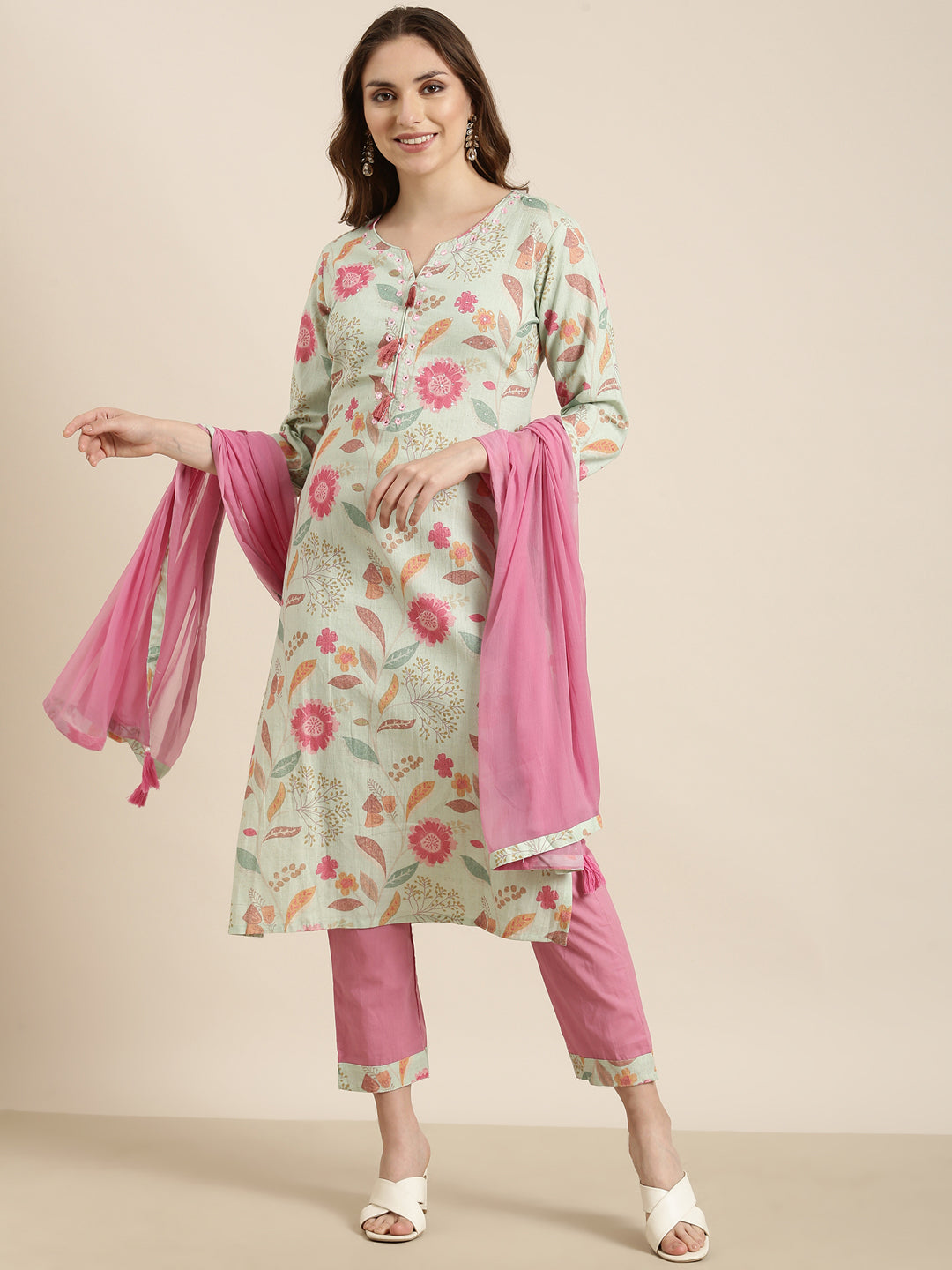 Women Straight Sea Green Floral Kurta and Trousers Set Comes With Dupatta