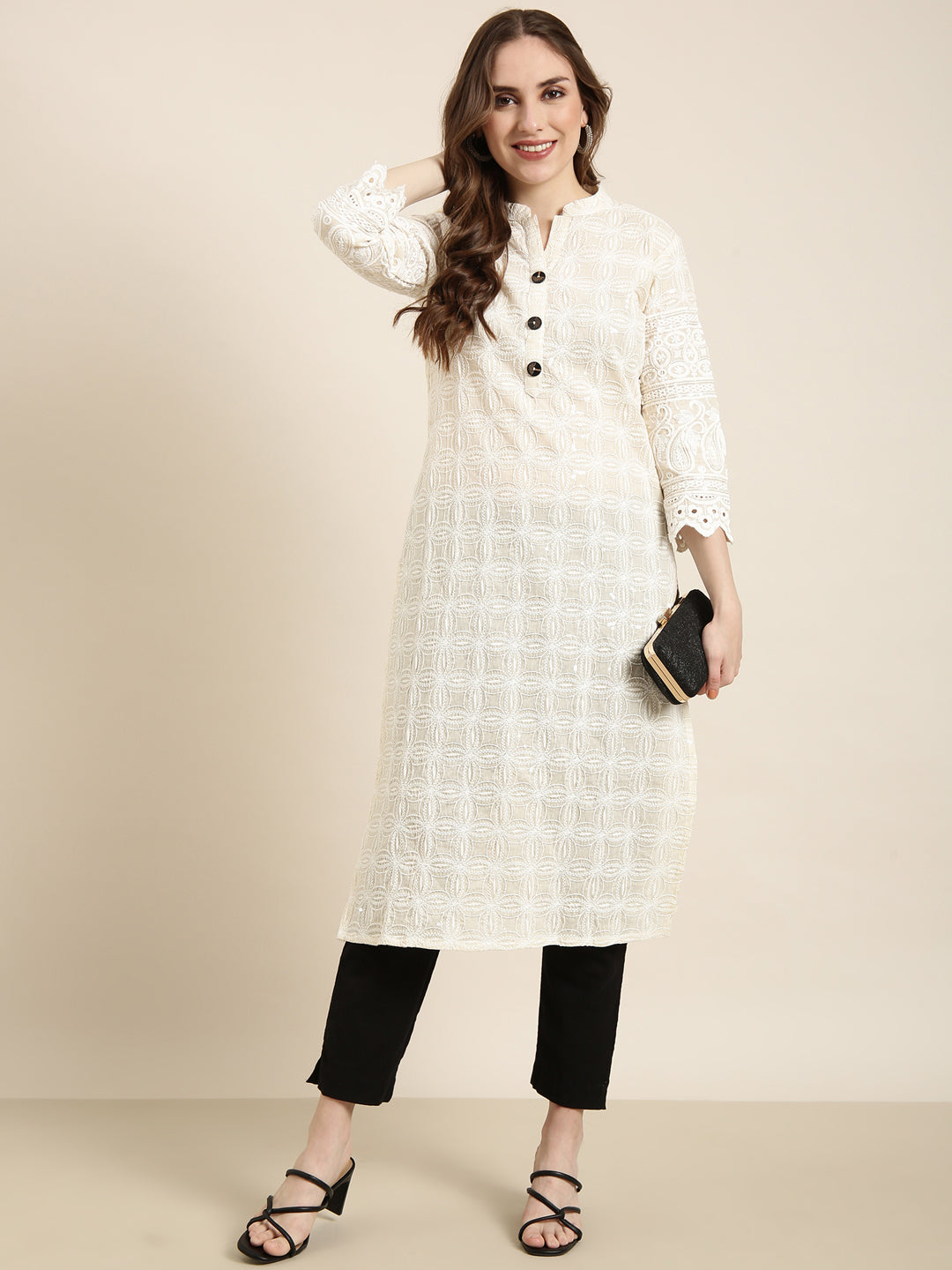 Women Straight Cream Embellished Kurta