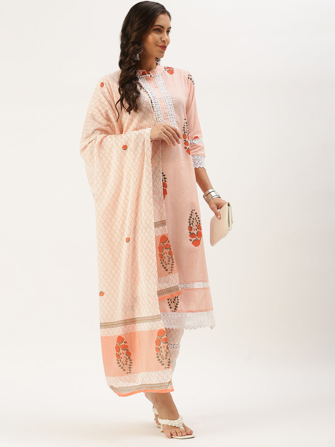 Women's Peach Printed Kurta Set