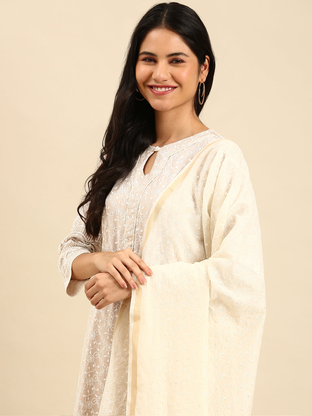 Women's Beige Embroidered Kurta Set