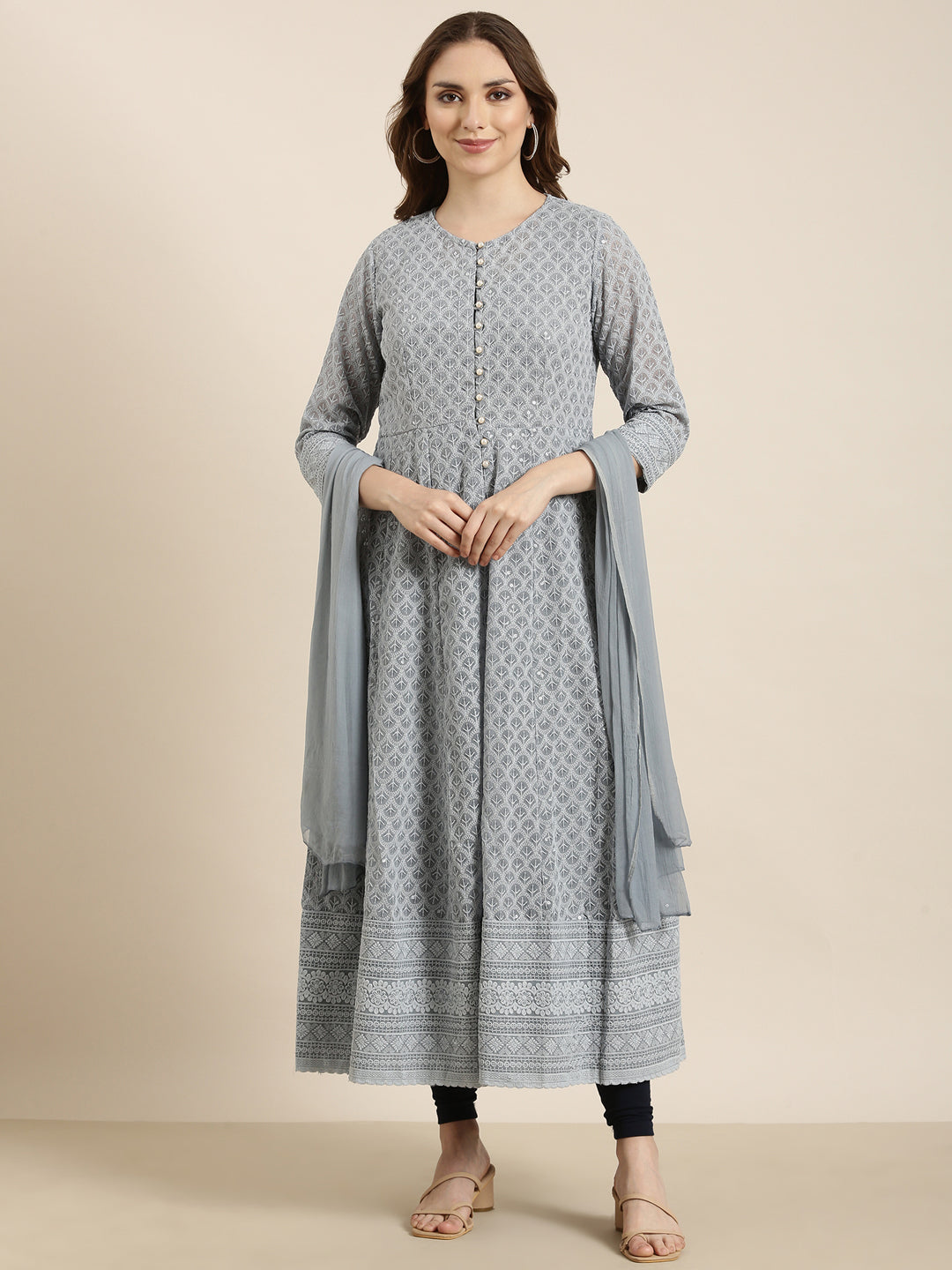 Women Anarkali Grey Embellished Kurta Comes with Dupatta & Detachable Inner Lining