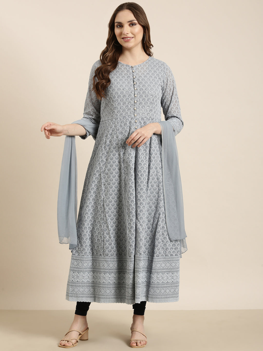 Women Anarkali Grey Embellished Kurta Comes with Dupatta & Detachable Inner Lining
