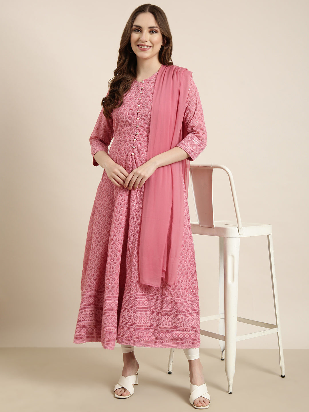 Women Anarkali Pink Embellished Kurta Comes with Dupatta & Detachable Inner Lining