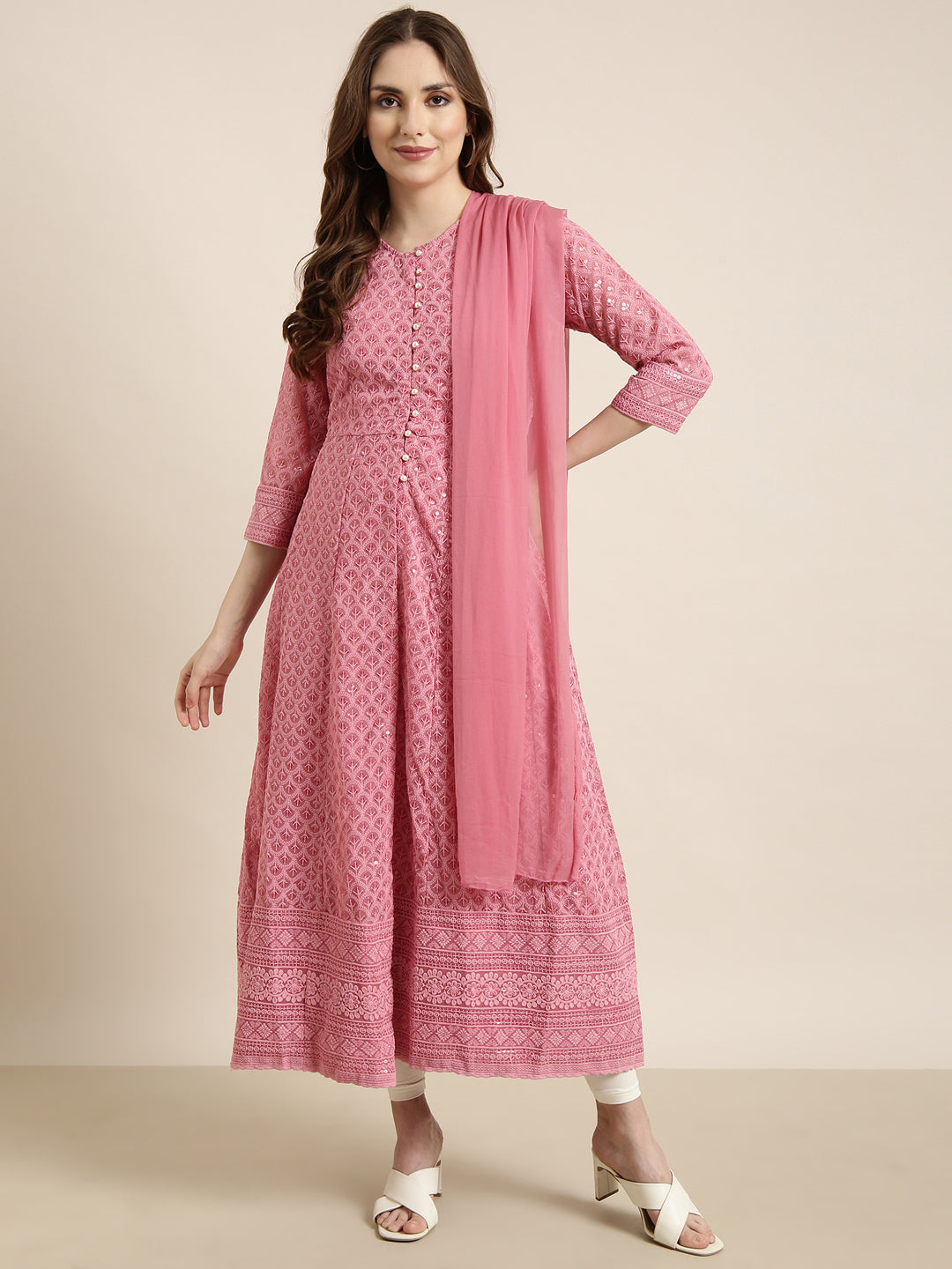 Women Anarkali Pink Embellished Kurta Comes with Dupatta & Detachable Inner Lining
