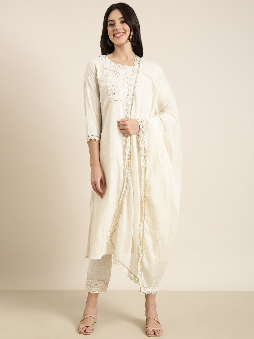 Women Straight Cream Solid Kurta and Trousers Set Comes With Dupatta