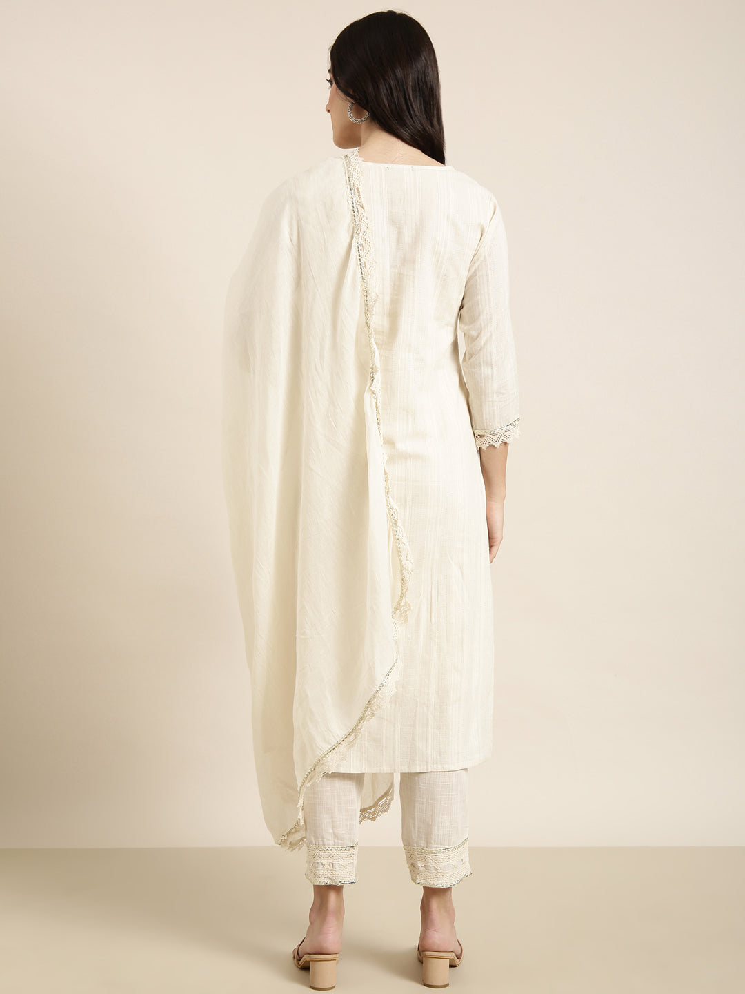 Women Straight Cream Solid Kurta and Trousers Set Comes With Dupatta