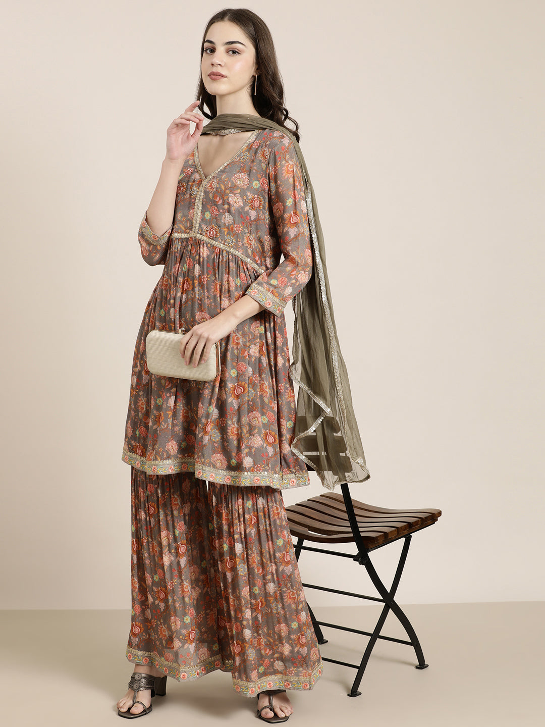 Women Taupe Floral Kurta Set