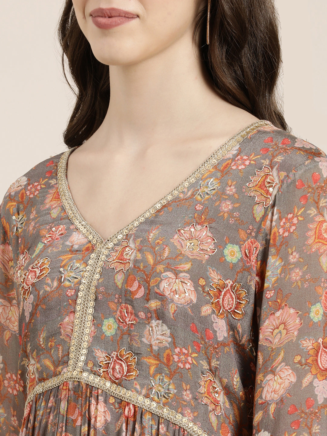 Women Taupe Floral Kurta Set