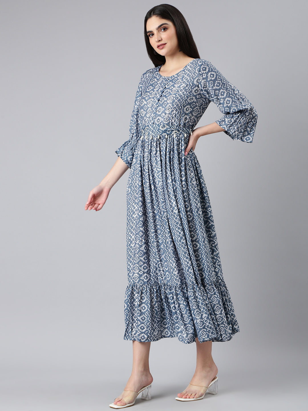 Women Grey Printed Fit and Flare Dress
