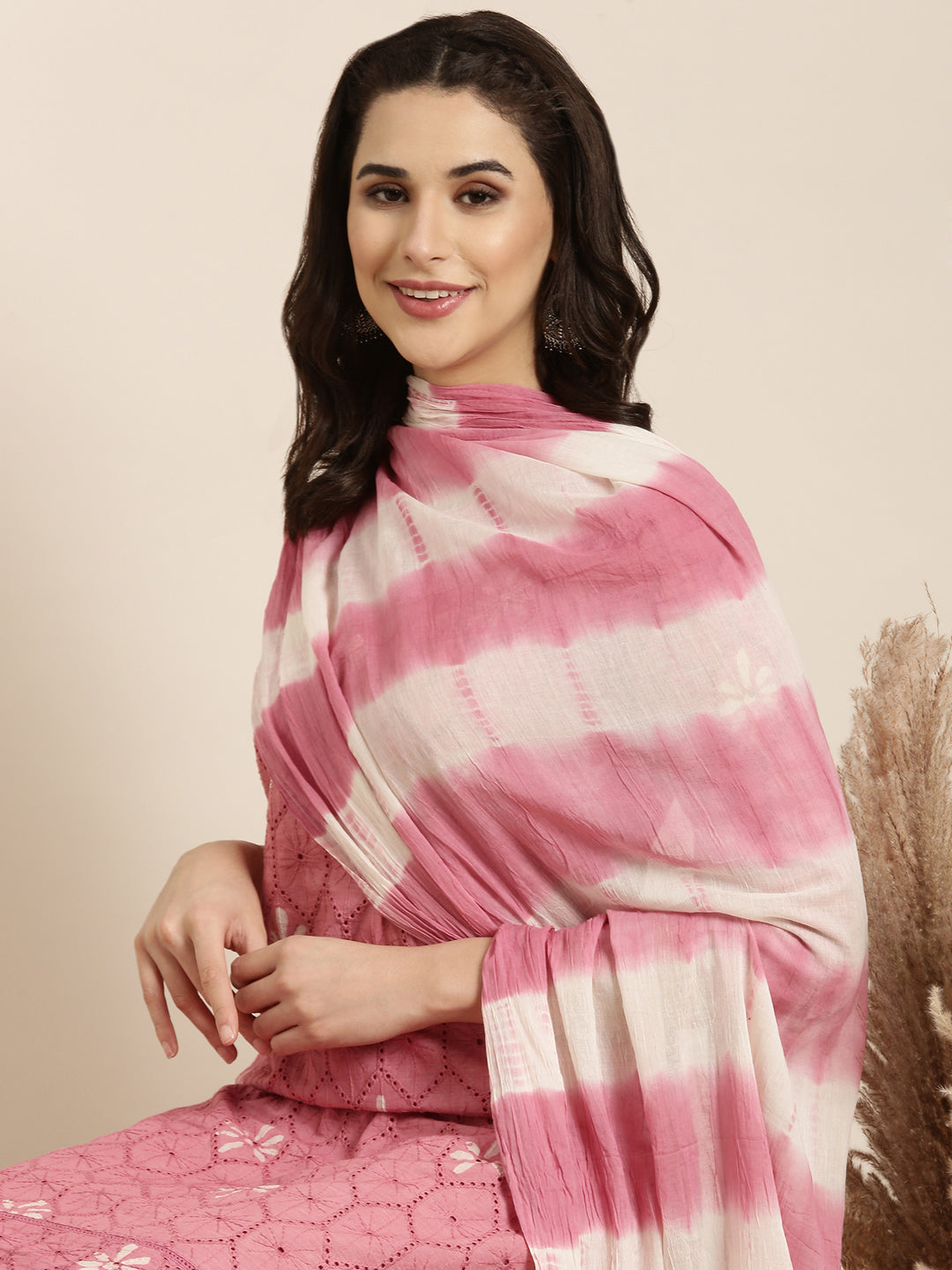 Women Straight Pink Woven Design Kurta and Trousers Set Comes With Dupatta
