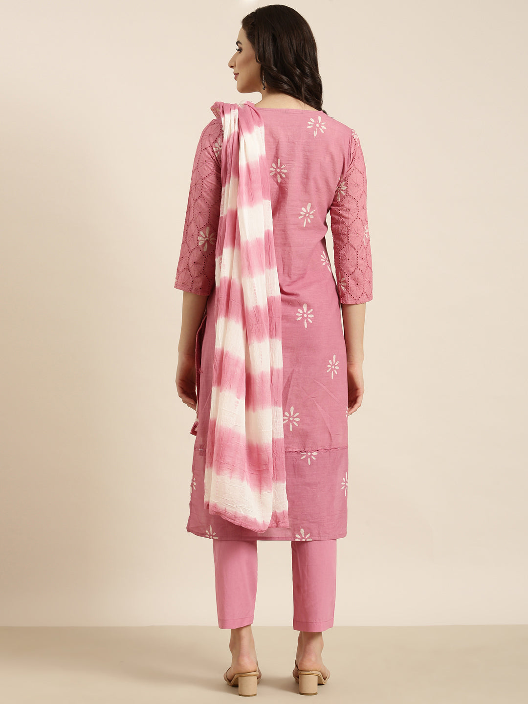 Women Straight Pink Woven Design Kurta and Trousers Set Comes With Dupatta