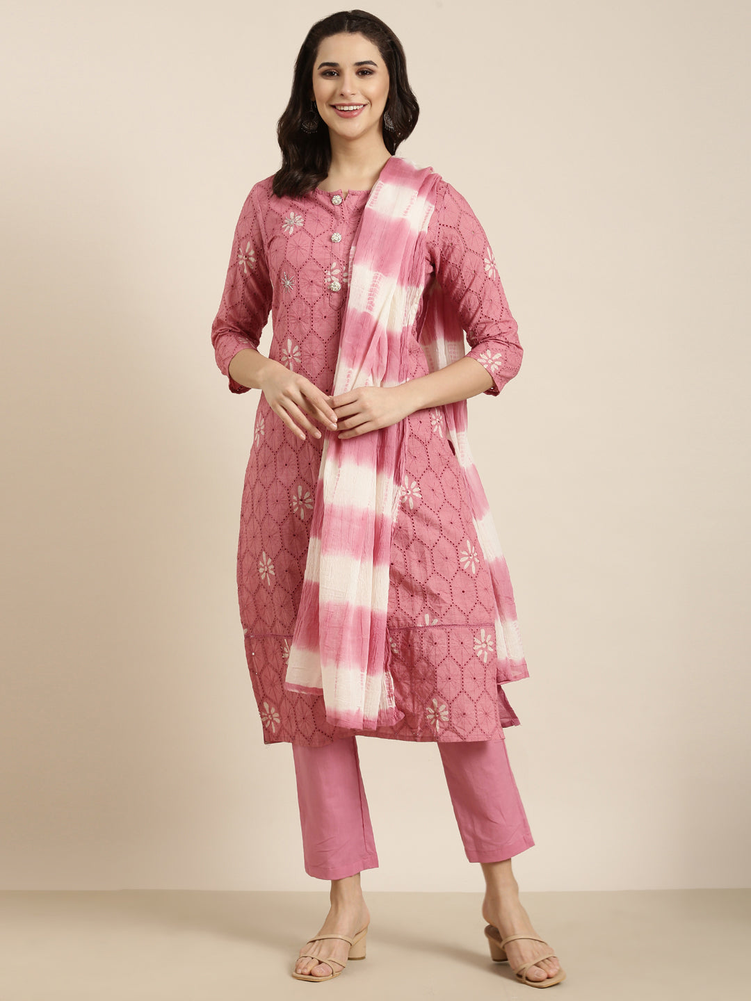 Women Straight Pink Woven Design Kurta and Trousers Set Comes With Dupatta