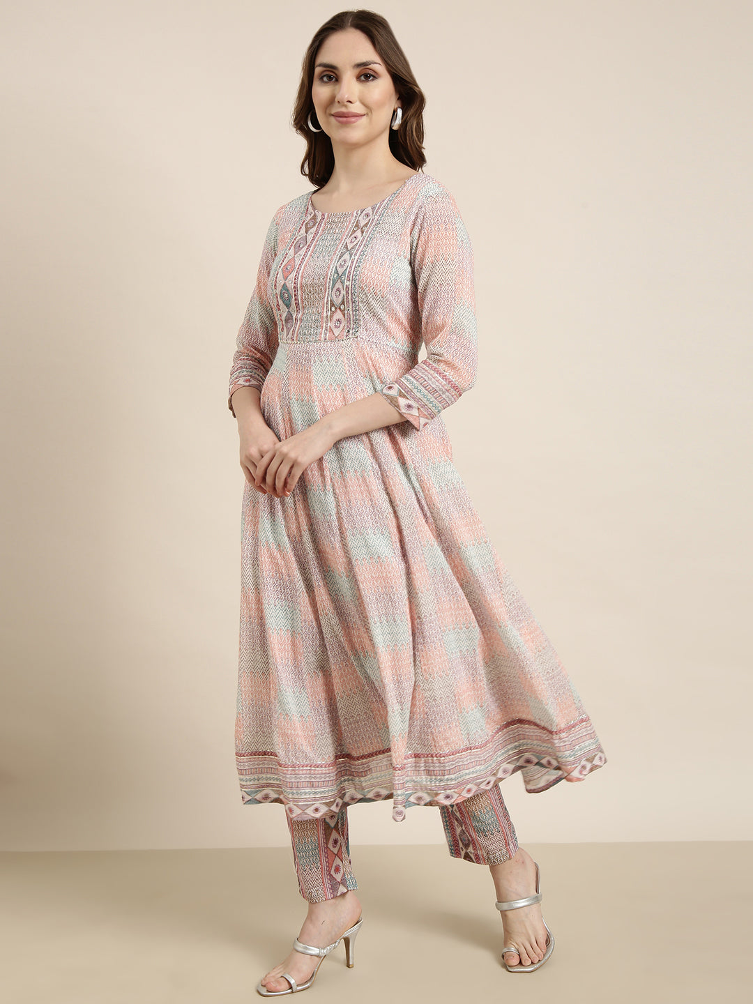 Women Anarkali Multi Geometric Kurta and Trousers Set Comes With Dupatta