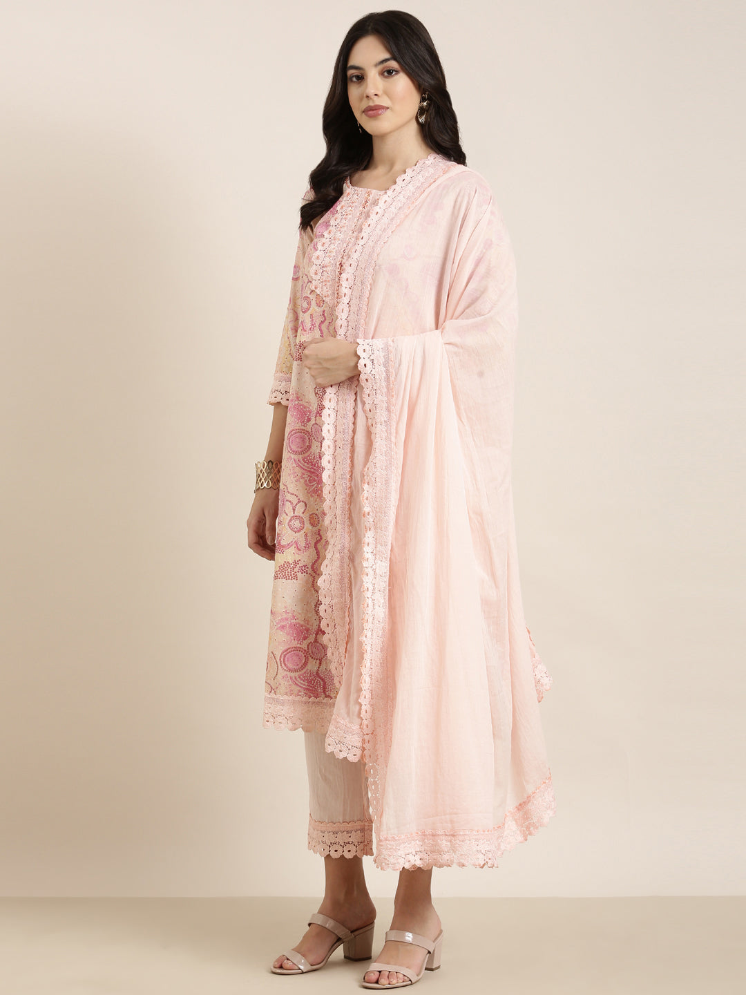 Women Straight Peach Floral Kurta and Trousers Set Comes With Dupatta