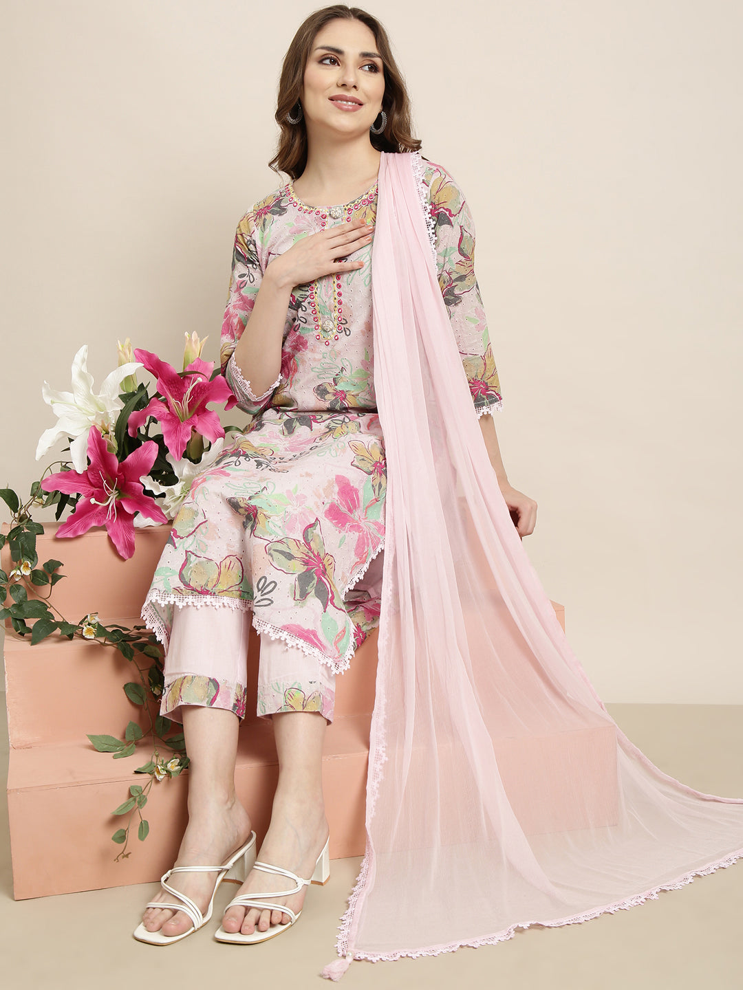 Women Straight Pink Solid Kurta and Trousers Set Comes With Dupatta