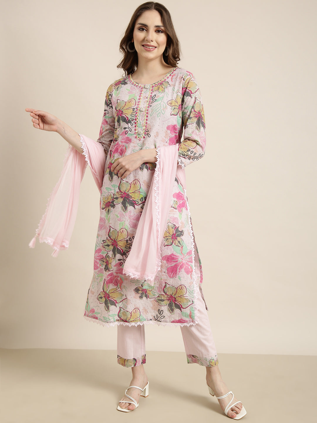 Women Straight Pink Solid Kurta and Trousers Set Comes With Dupatta