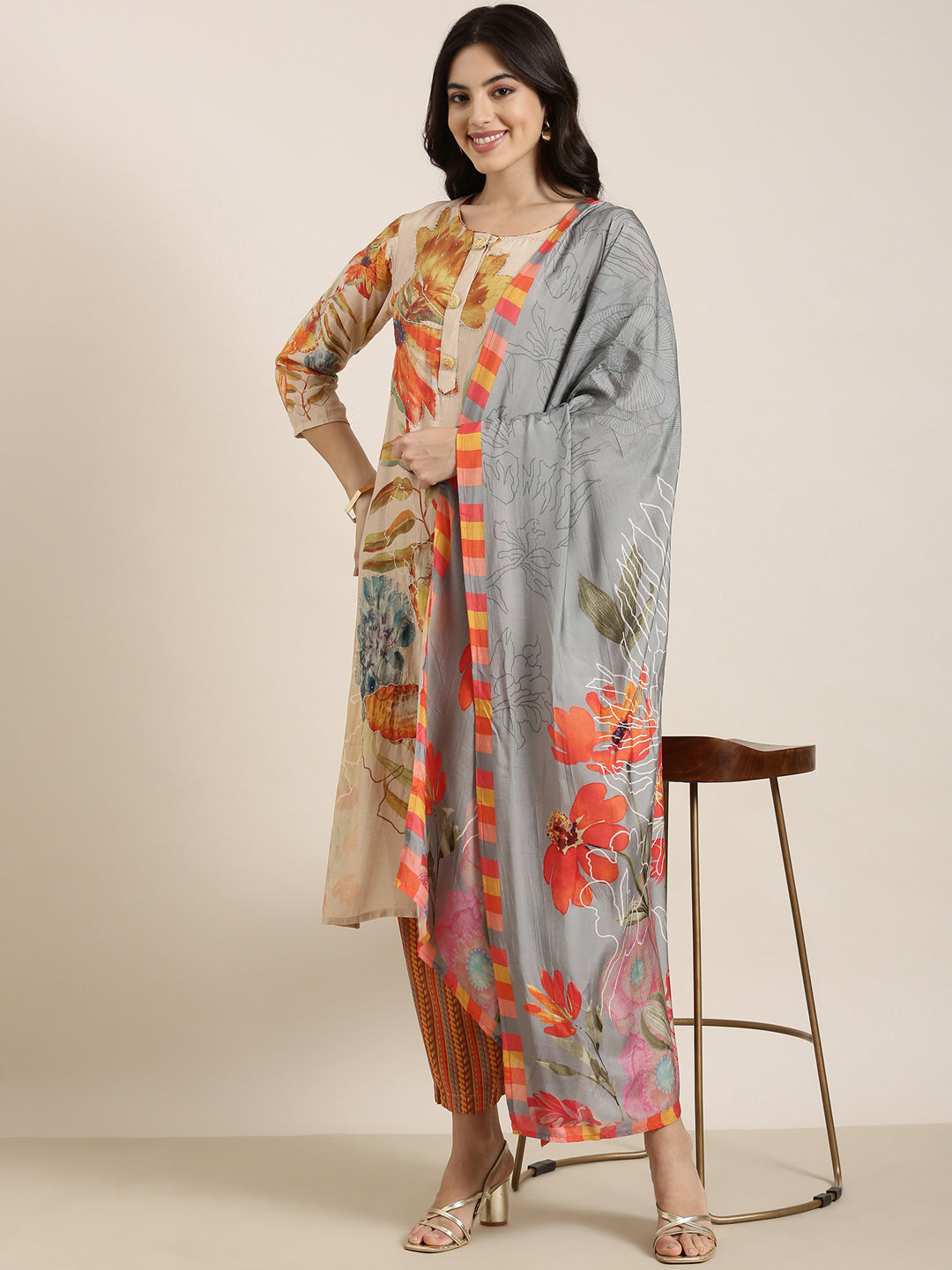 Women Straight Beige Floral Kurta and Trousers Set Comes With Dupatta