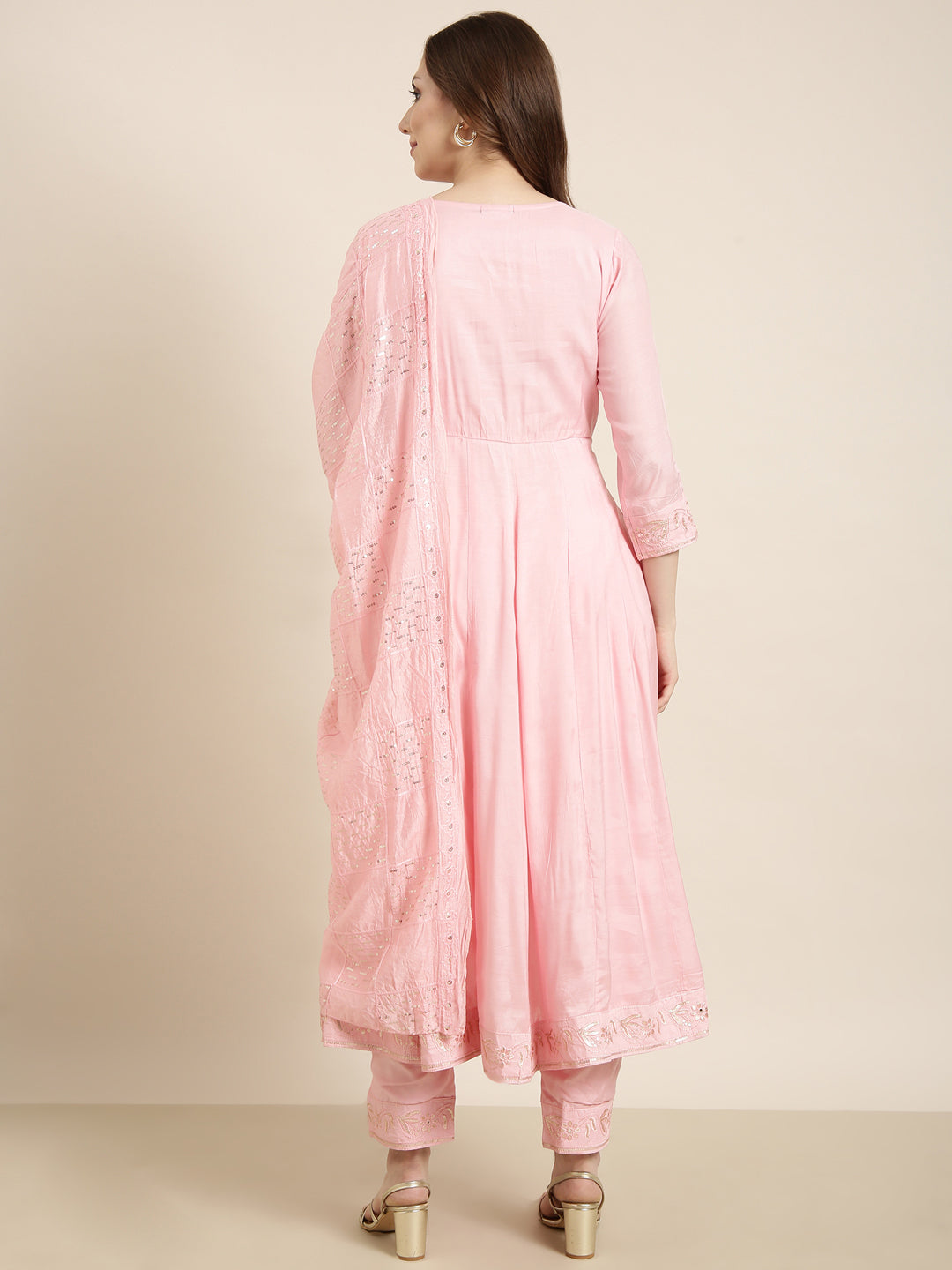 Women Anarkali Pink Solid Kurta and Trousers Set Comes With Dupatta