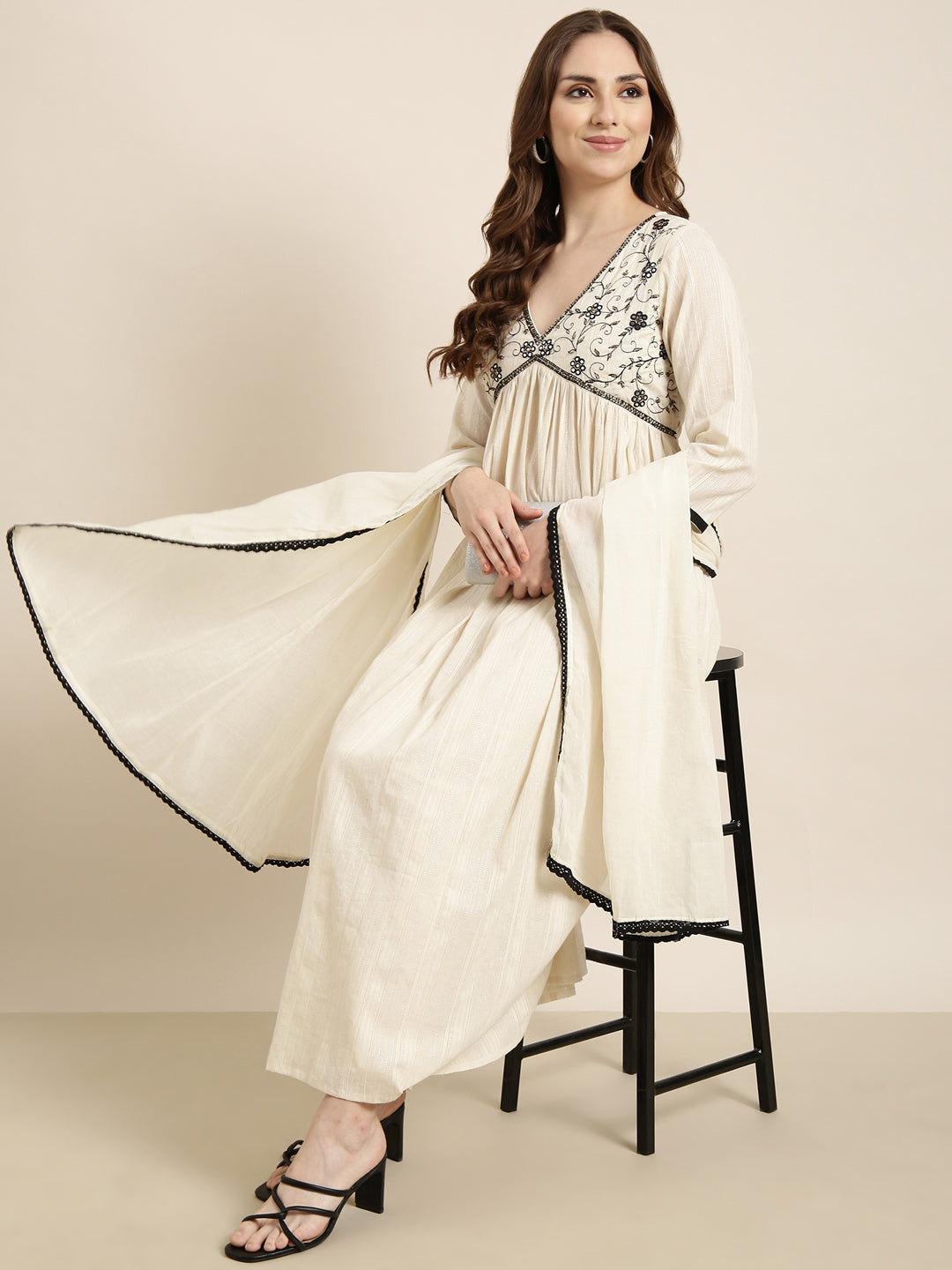 Women Anarkali Cream Woven Design Kurta and Trousers Set Comes With Dupatta