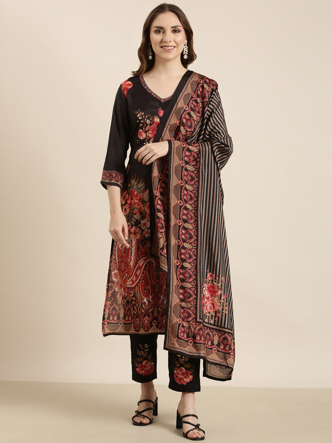 Women Straight Black Floral Kurta and Trousers Set Comes With Dupatta