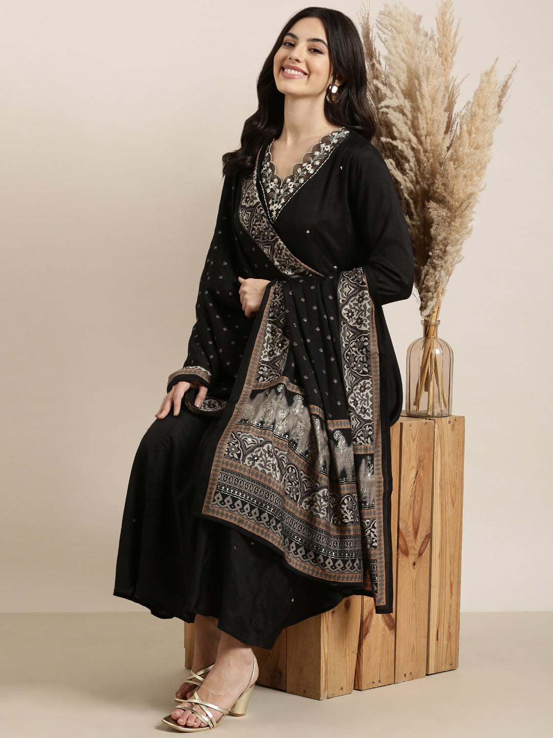 Women Anarkali Black Solid Kurta and Trousers Set Comes With Dupatta