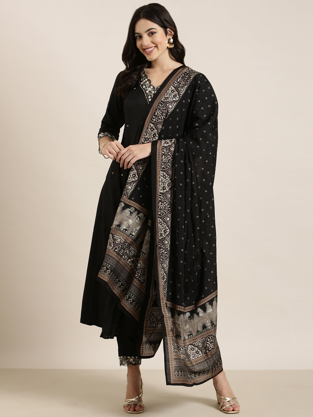 Women Anarkali Black Solid Kurta and Trousers Set Comes With Dupatta