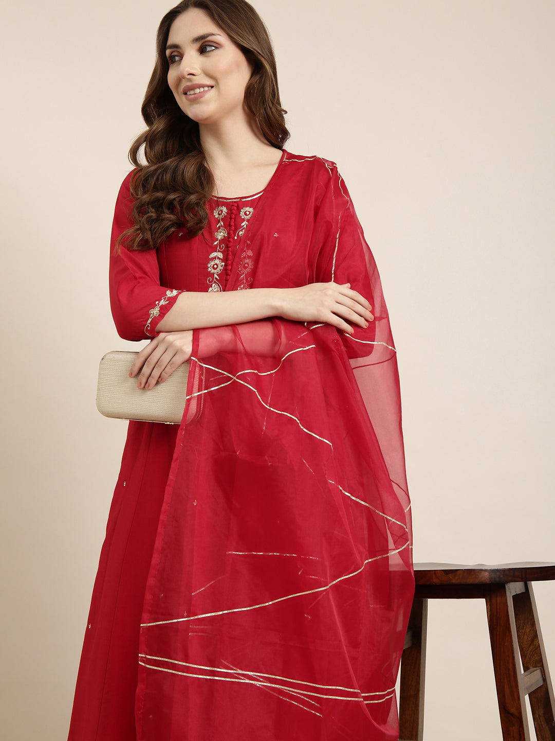 Women Anarkali Red Solid Kurta and Trousers Set Comes With Dupatta