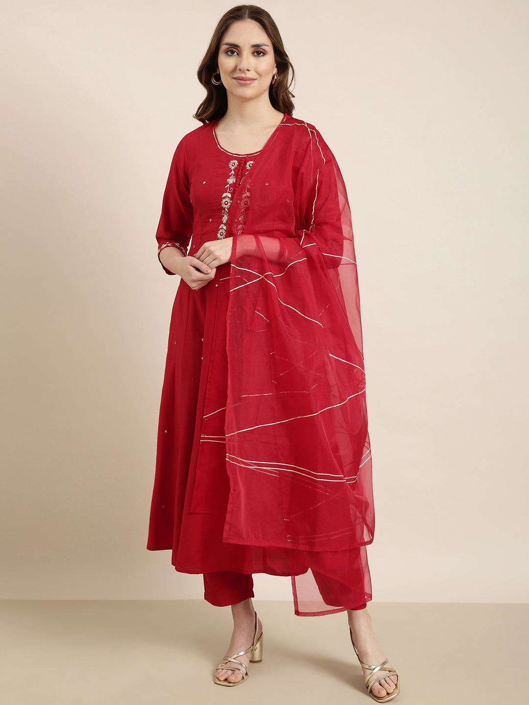 Women Anarkali Red Solid Kurta and Trousers Set Comes With Dupatta