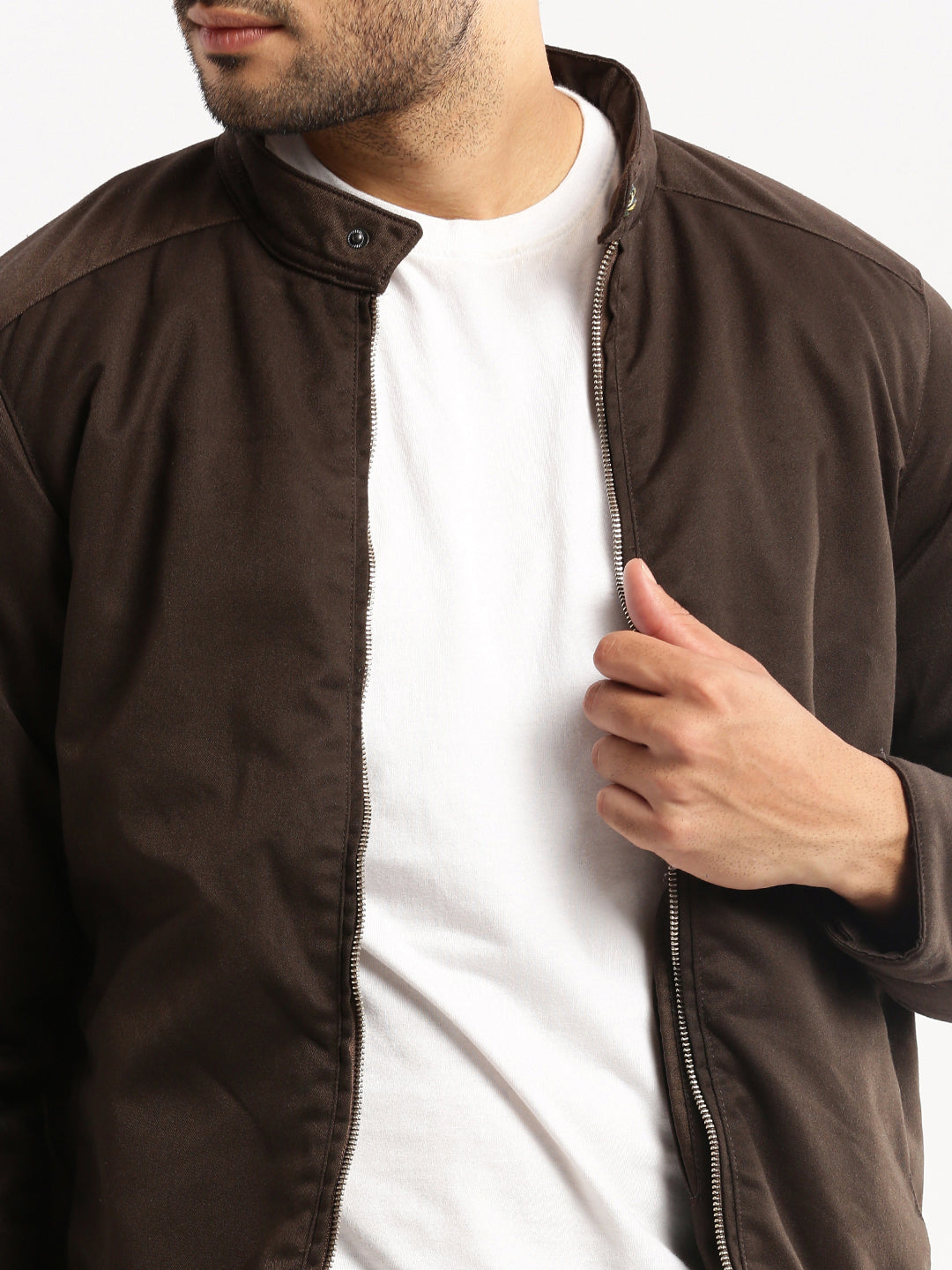 Men Brown Mock Collar Solid Tailored Jacket