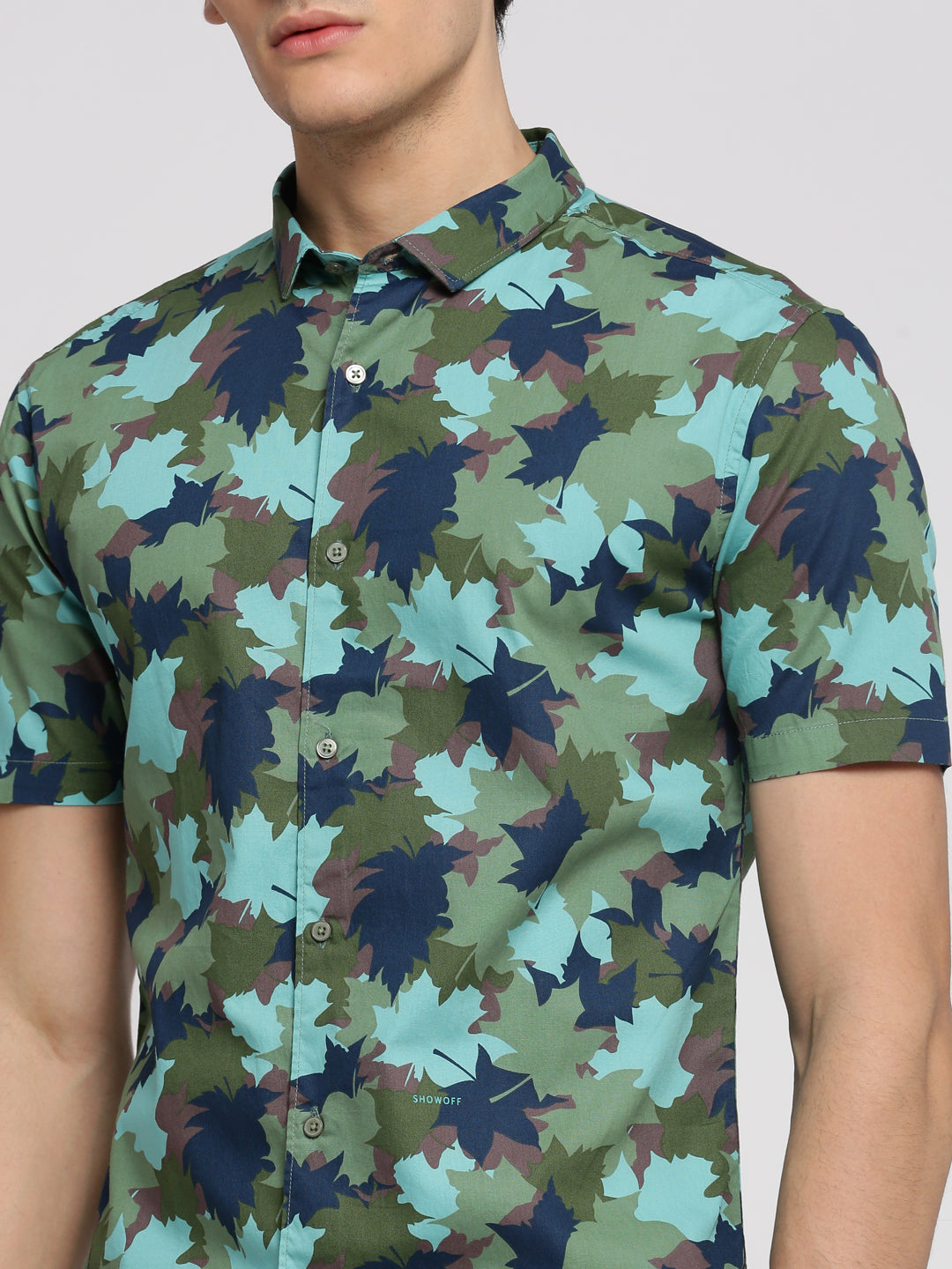 Men Turquoise Blue Spread Collar Floral Shirt