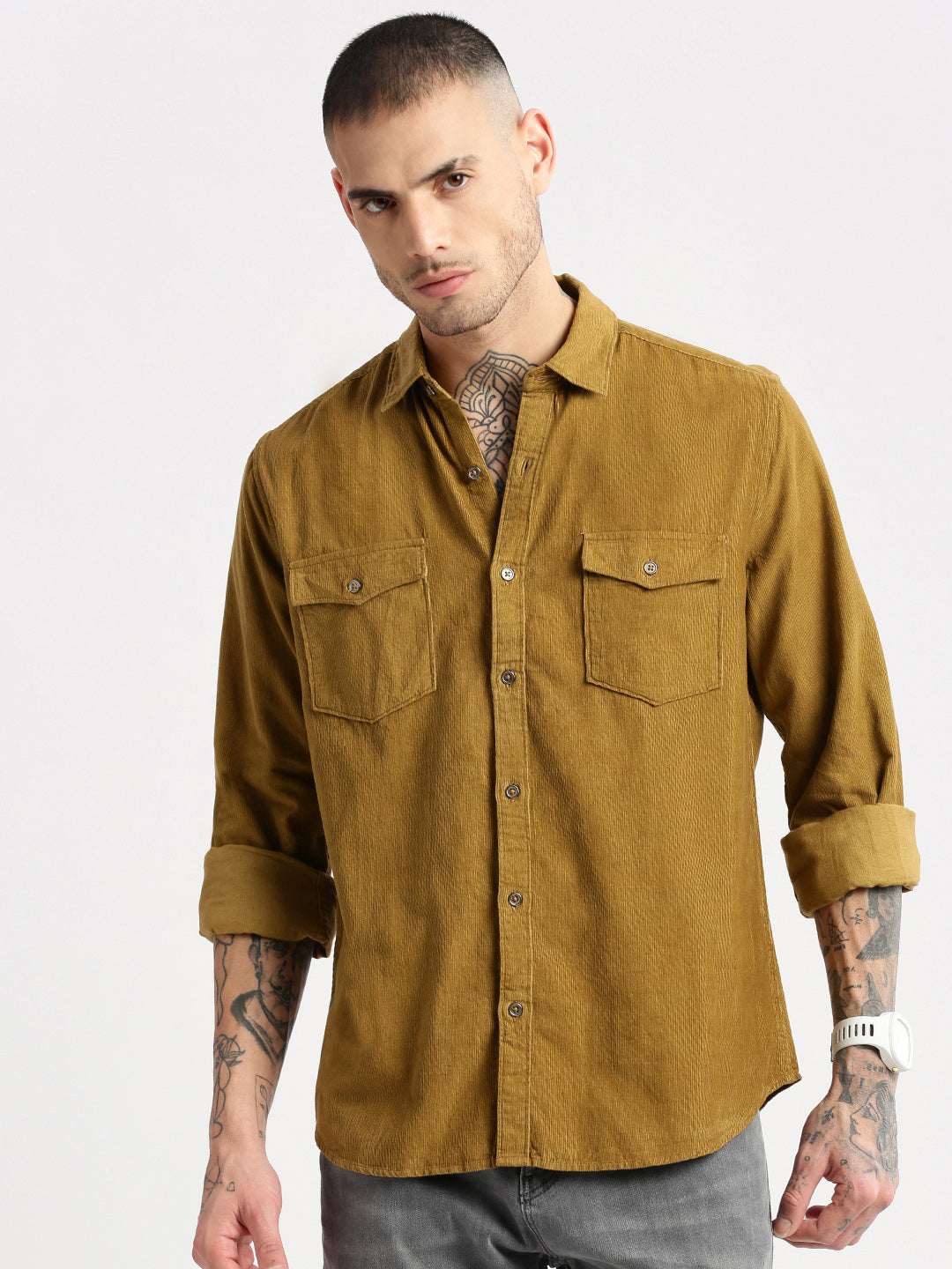 Men Spread Collar Corduroy Solid Khaki Casual Shirt