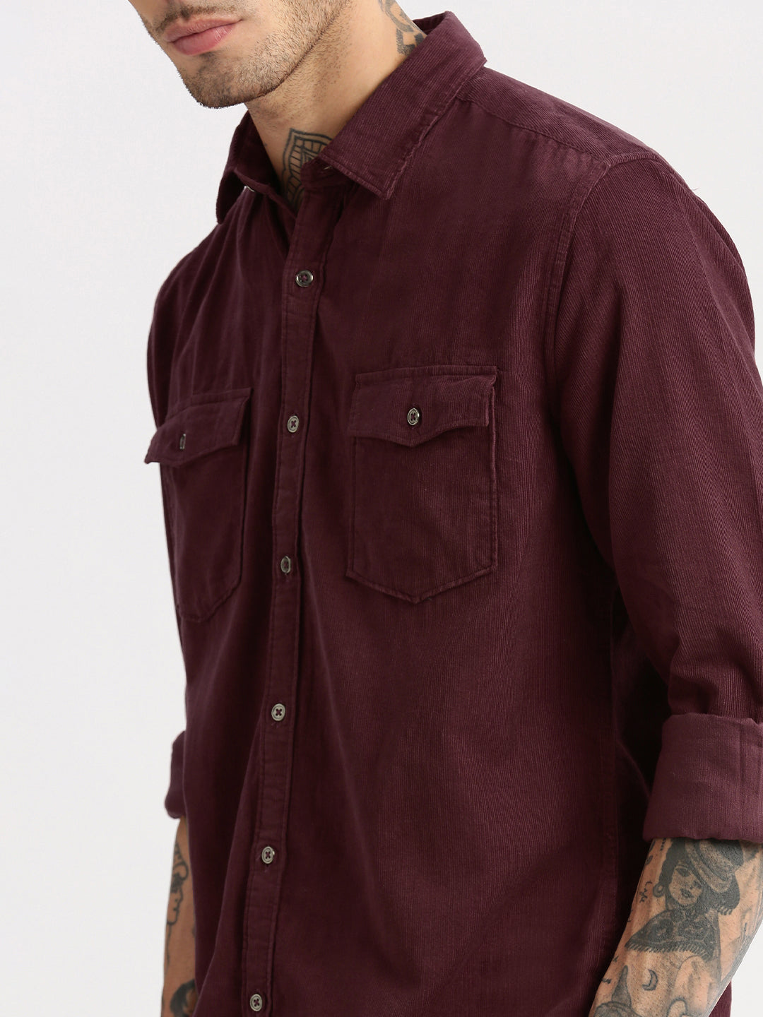 Men Spread Collar Corduroy Solid Maroon Casual Shirt