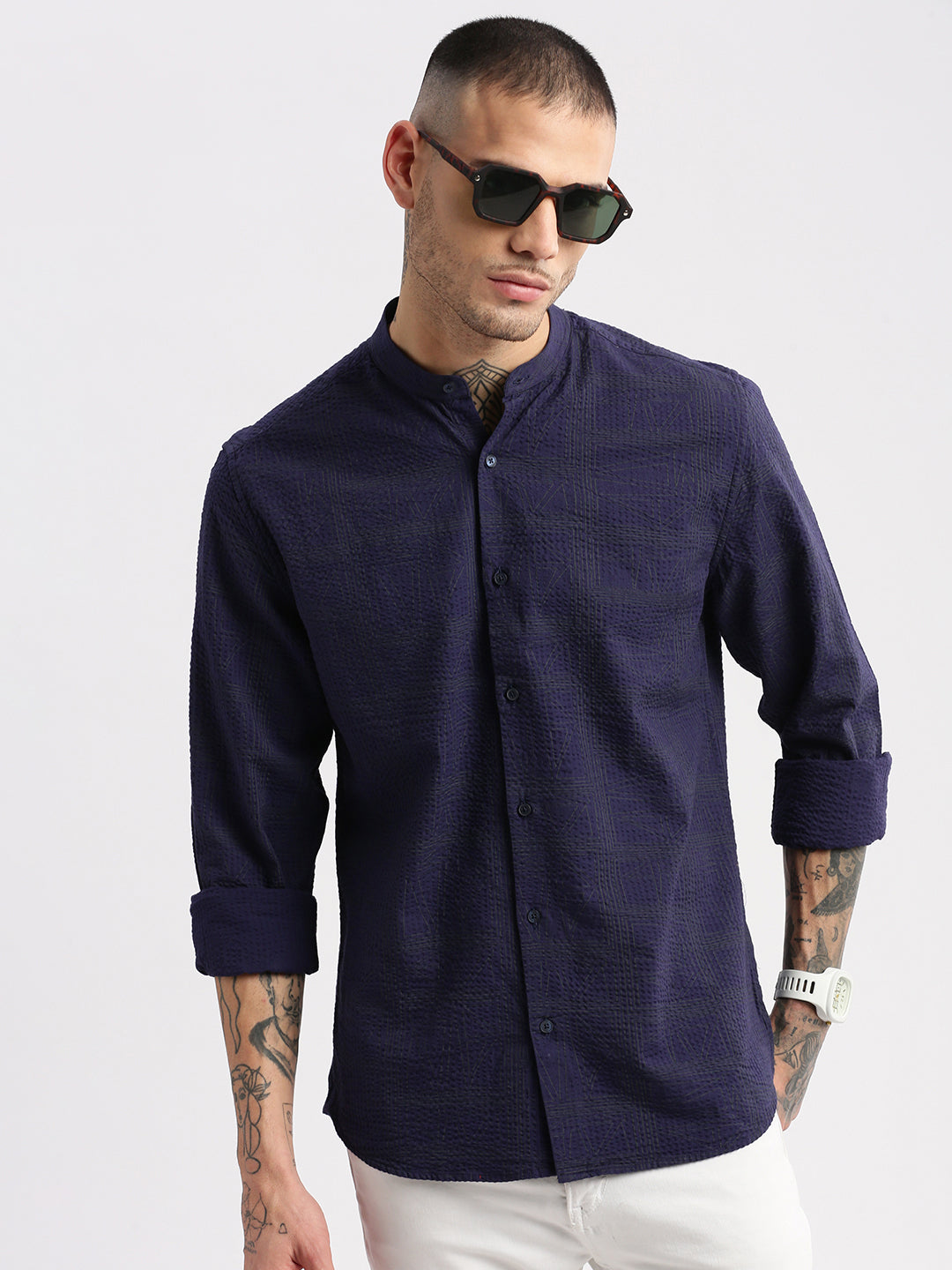 Men Mandarin Collar Geometric Navy Blue Casual Shirt